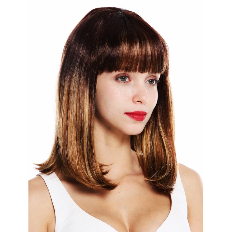 Lady wig shoulder length sleek fringe bangs red brown blond mix highlights VK-39