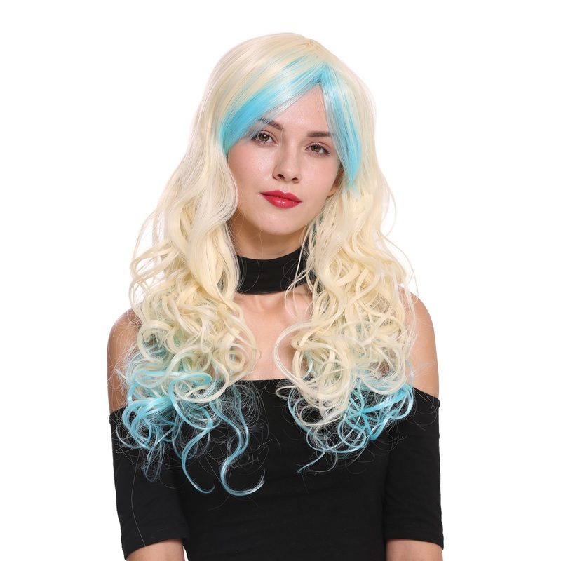 Lady Women Cosplay Wig long curled curls parting platinum blue mix YZF-7183