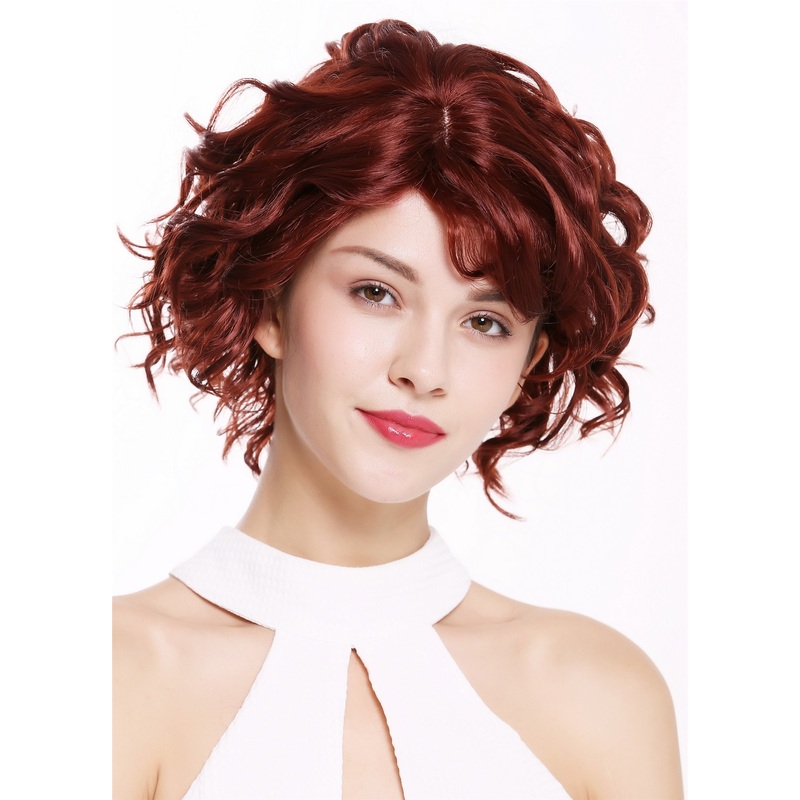 Lady women wig short wild unruly wavy curls curled dark auburn red brown MINA