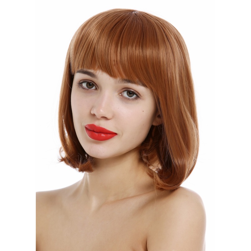 Lady wig short Longbob bangs straight sleek curved tips copper blond YZF-4375