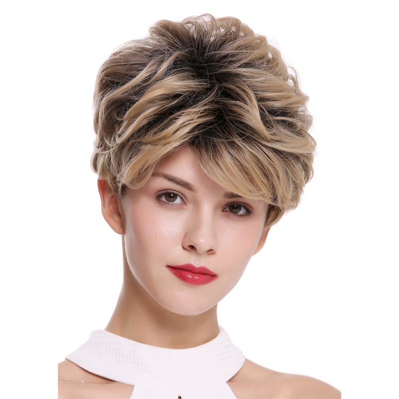 Lady wig Short Voluminous teased wavy black roots with blond mix DW-2700