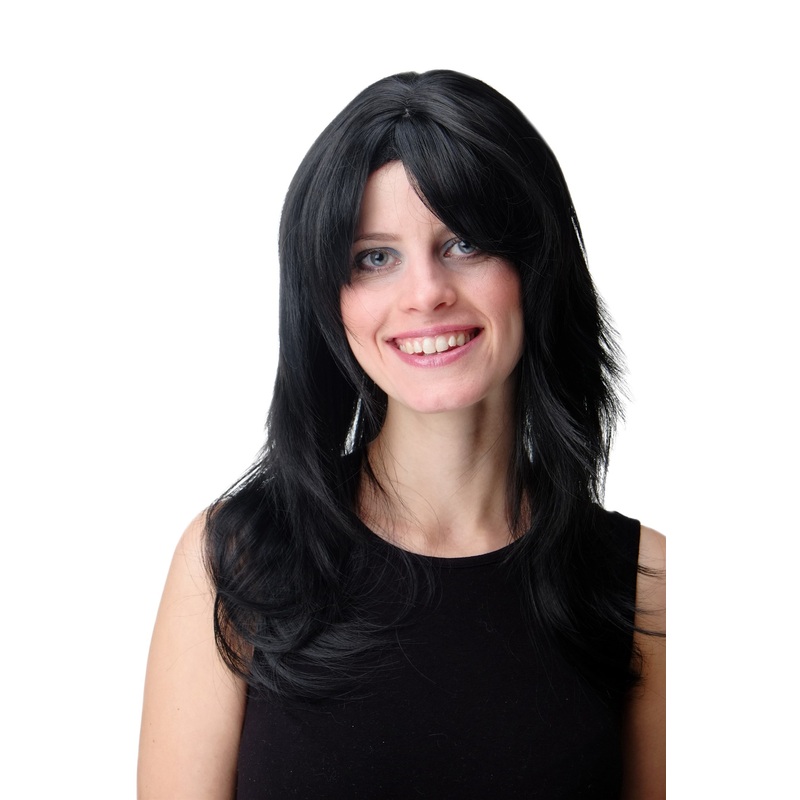 Lady women wig long slightly wavy long fringe parted sideways black GFW242