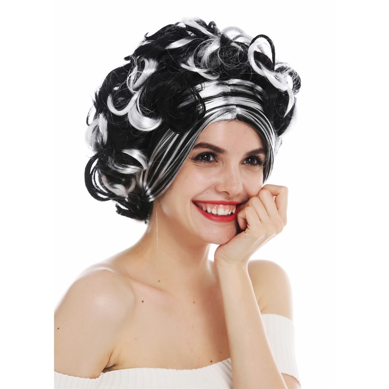 Women’s wig lady Halloween carnival short curls black white highlights 31717