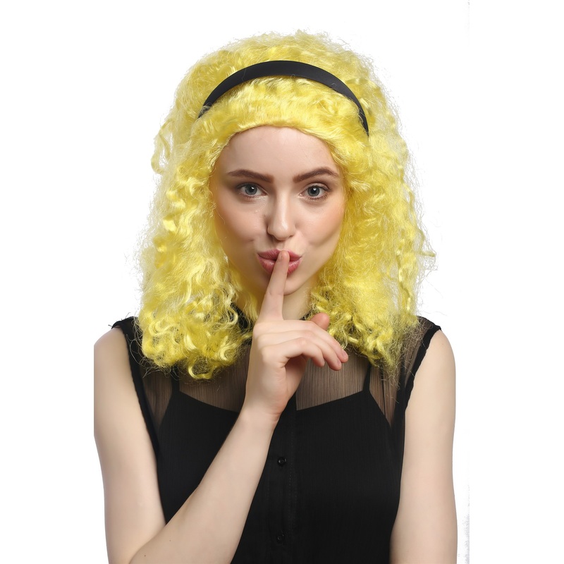 Lady Party Wig Halloween 60s 70s funky yellow curls long black hairband 3046