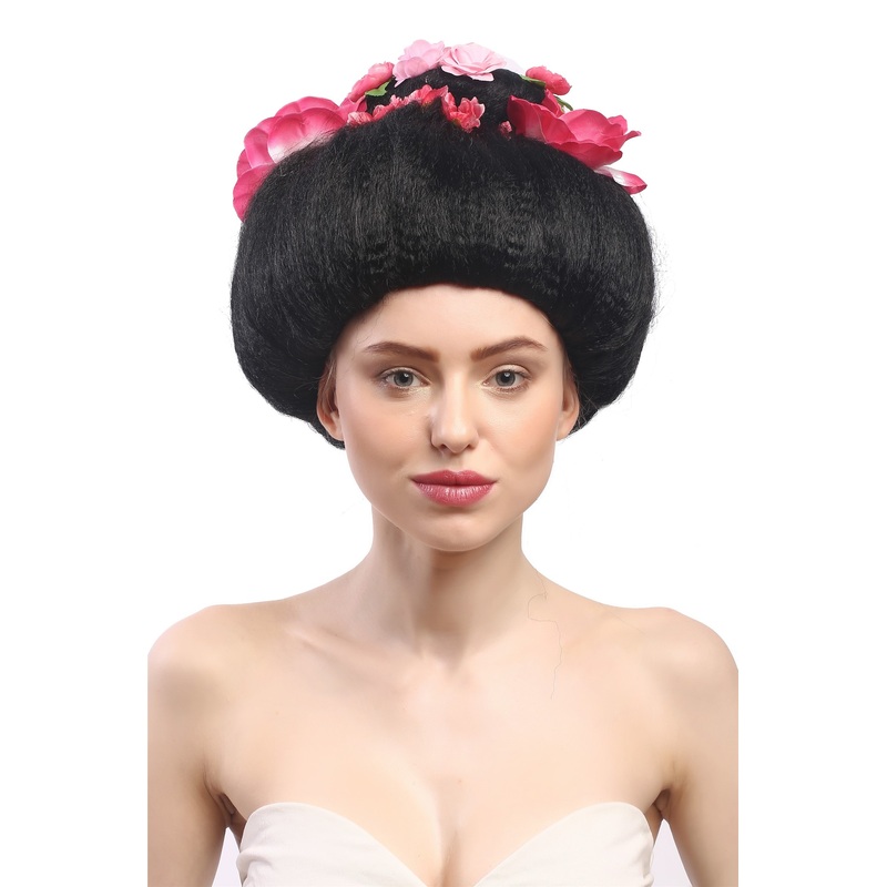 Lady Party Wig Halloween Geisha Maiko Japan China flowers in black hair 4665