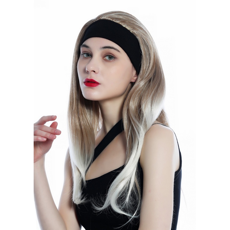 Lady wig half wig black headband retro long straight blond mix bright tips H9306