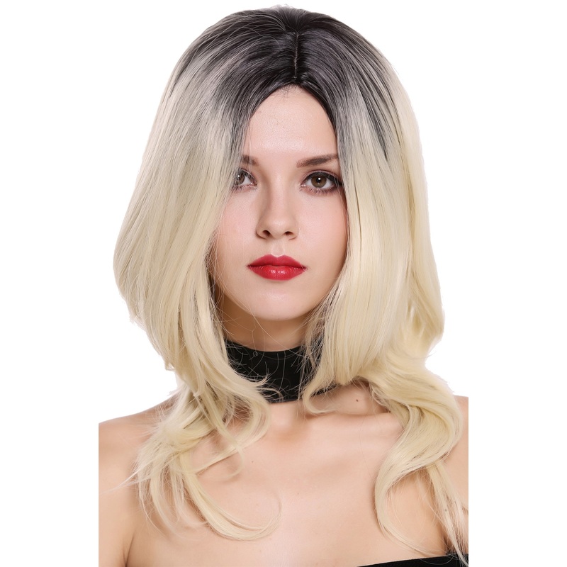 Lady Wig Shoulder Length Short Wavy Middle Parting Ombre Black Platinum ZM-1733