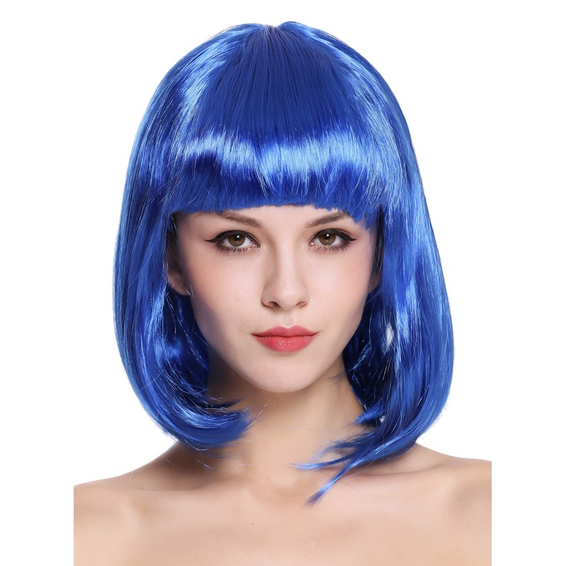 Lady Wig Halloween Carnival Disco bob longbob shoulder length bangs blue 0073
