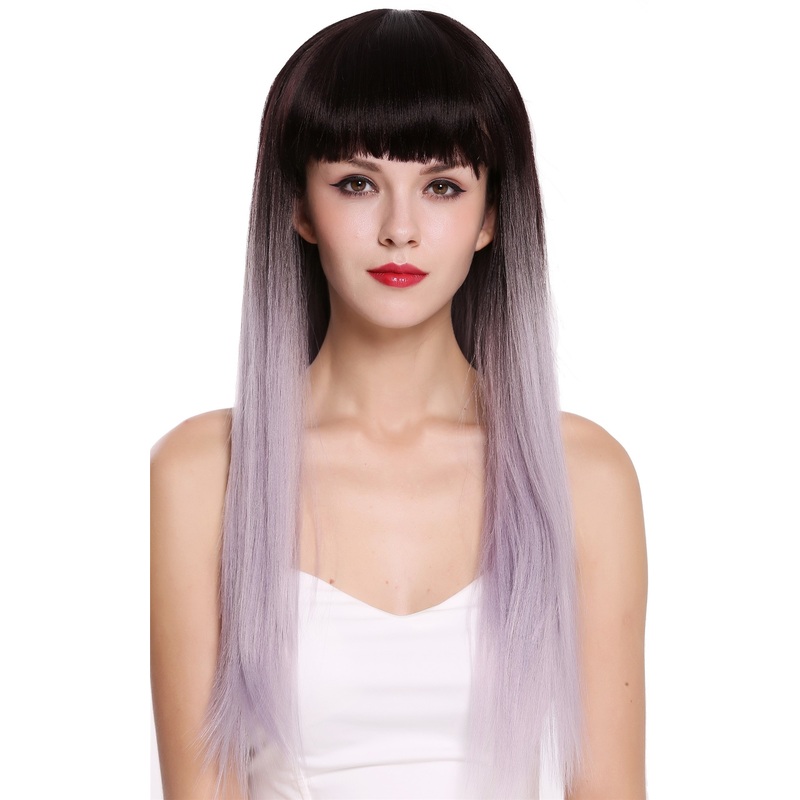 Lady wig long straight bangs fringe Ombre mix dark brown purple gray RGF-6190