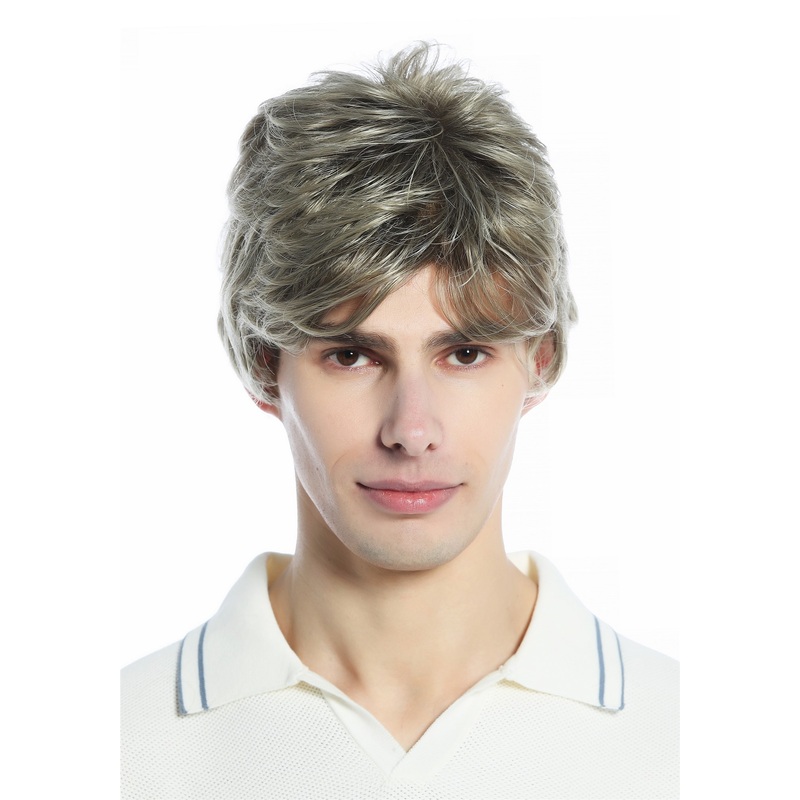 Wig Men Women unisex short parting wavy light brown blonde highlights DW94A