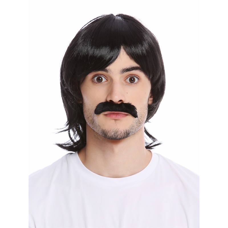 Wig & Mustache set Halloween Carnival long black 70s cop show 91105