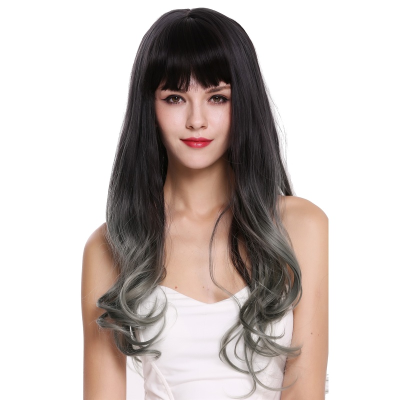 Women’s wig long wavy fringe Balayage dark brown green Cosplay lady H1800