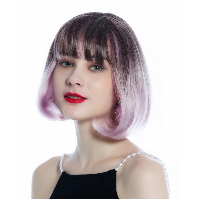 Cute Women’s Wig short Bob bangs ombre colour brown to pink SZL0605