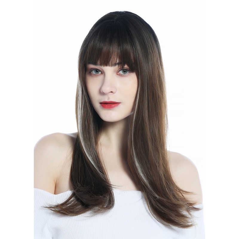 Lady wig long sleek straight bangs various brown hues platinum highlights LC252
