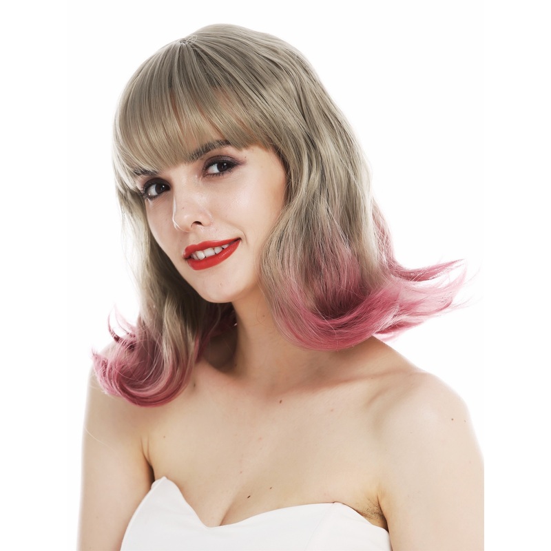 Lady wig shoulder length fringe sleek waved tips retro blonde pink mix DL-040B