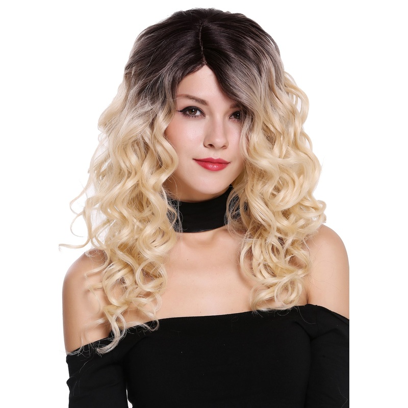 Lady Women wig Parting Long Voluminous Curls Ombre Dark Brown Platinum RGF-6467C