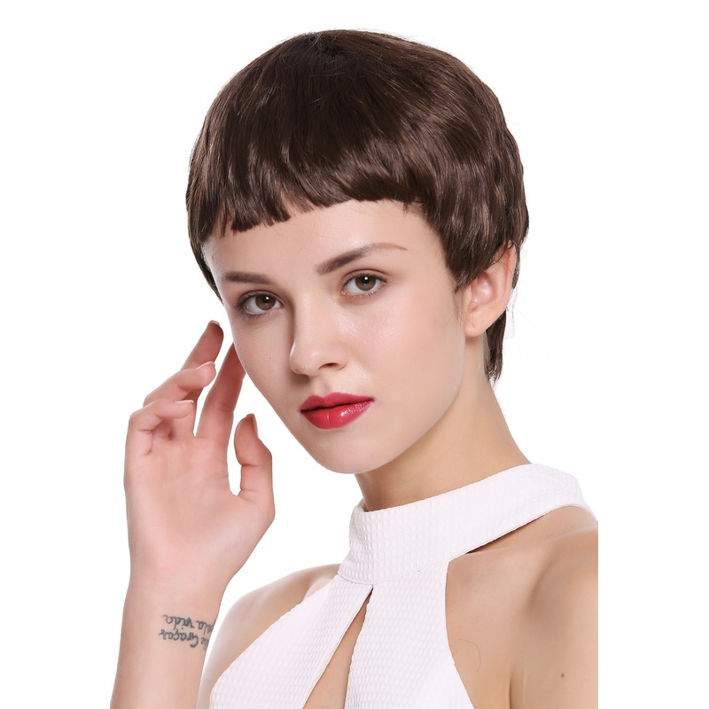 Lady women wig very short pert micro fringe bangs brown SA098