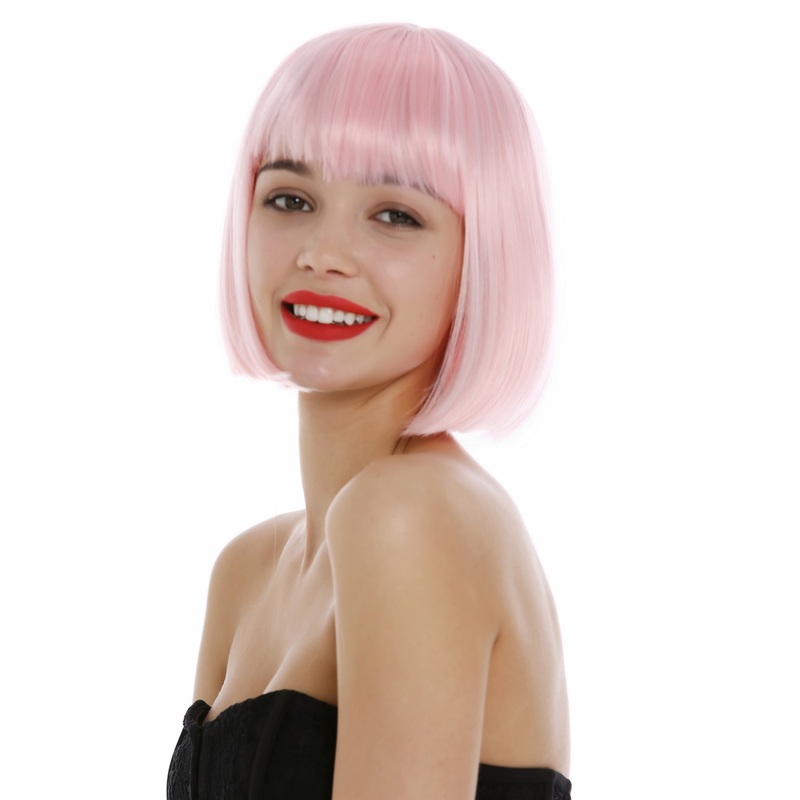 Short lady woman wig bob style bangs fringe sleek light pink 7803