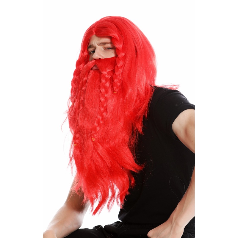 Wig & beard men carnival viking barbarian dwarf red old long plaited RJ033