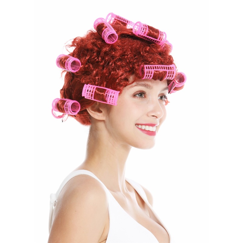 Women’s party wig Halloween housewife hair rollers copper red trashy 4204