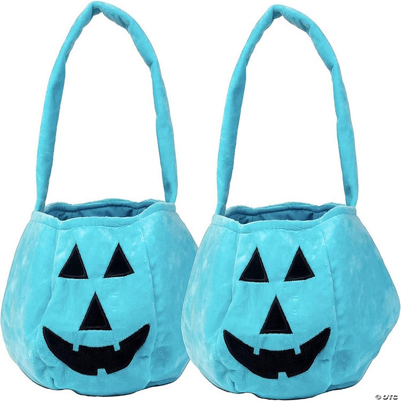 Halloween Teal Pumpkin Reusable Fabric Trick or Treat Tote (2pk)- Collapsible Canvas Soft Candy Bag 8 x 8 Kids Light Blue Allergy-Friendly Awareness Jack O La