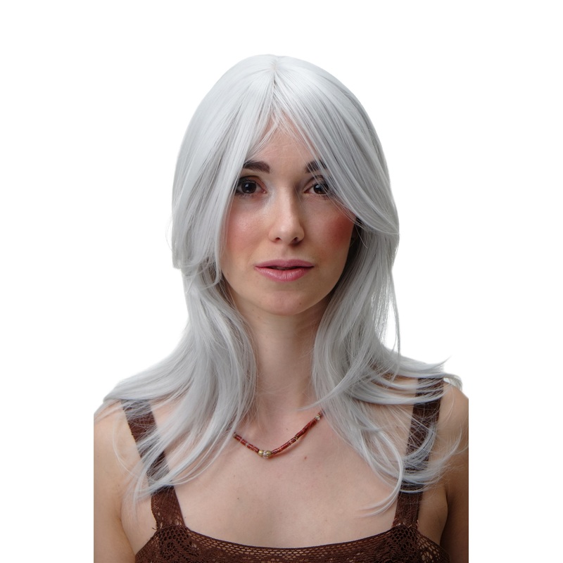 Lady Women Wig Cosplay Bright Grey Gray White medium length straight 3240
