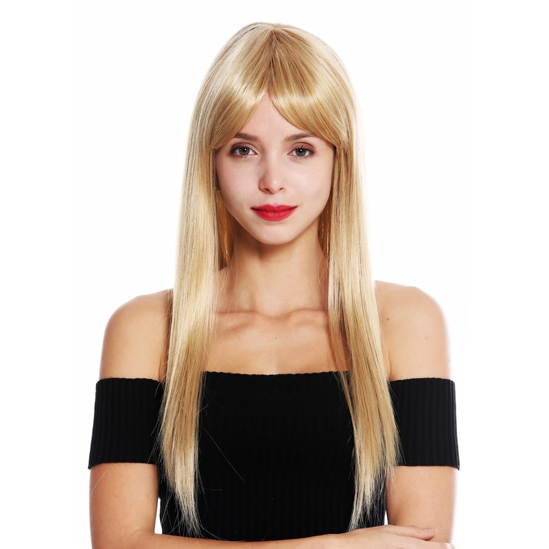 Women’s wig long sleek straight long fringe parted golden blonde VK-8